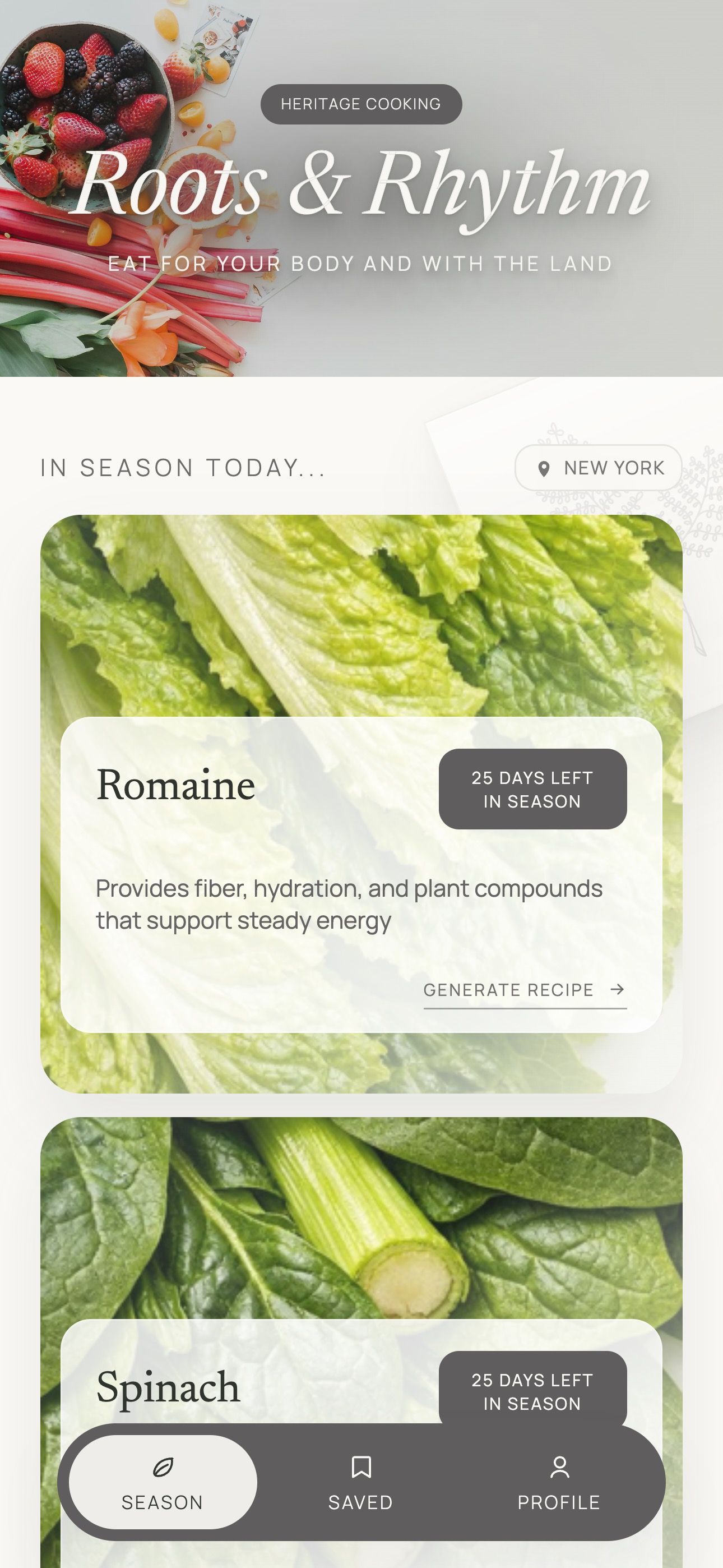 Roots and Rhythm app showing seasonal produce near New York.